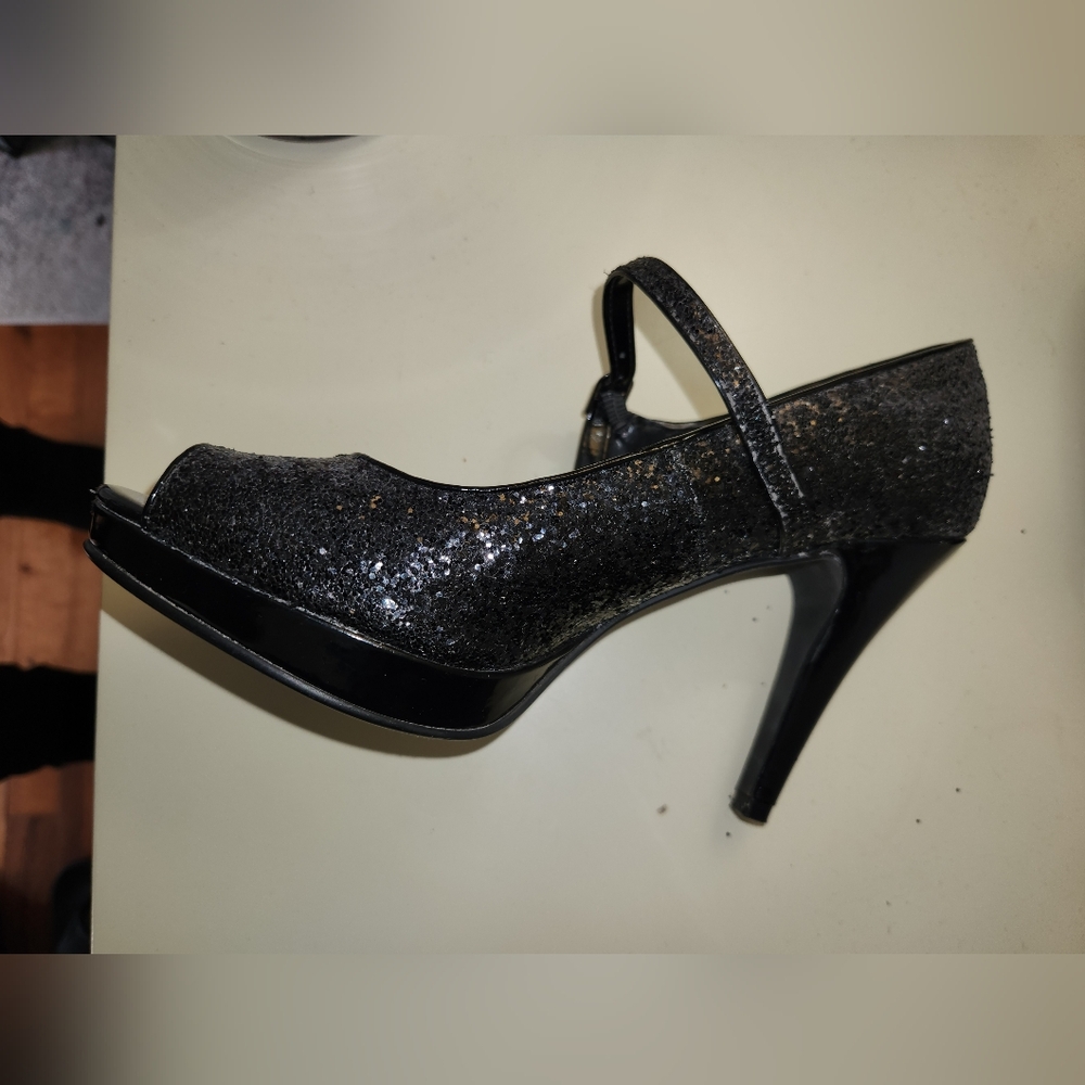 Velvet Black and Silver Heels with Glittery Finish and Ankle Strap